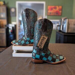 Ferrini Patchwork Blk/Turq Square Toe Boot Size 8